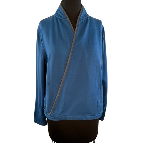 Woolrich Blue Long Sleeve Mock Neck Bur Basin Merino Wool Cardigan Sweater  L - Picture 1 of 9